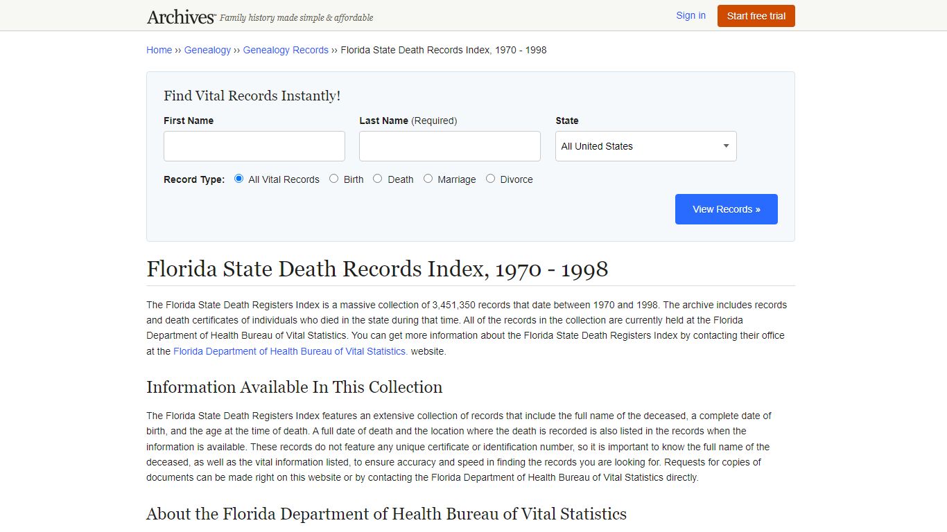 Florida State Death Records | Search Collections & Indexes - Archives.com